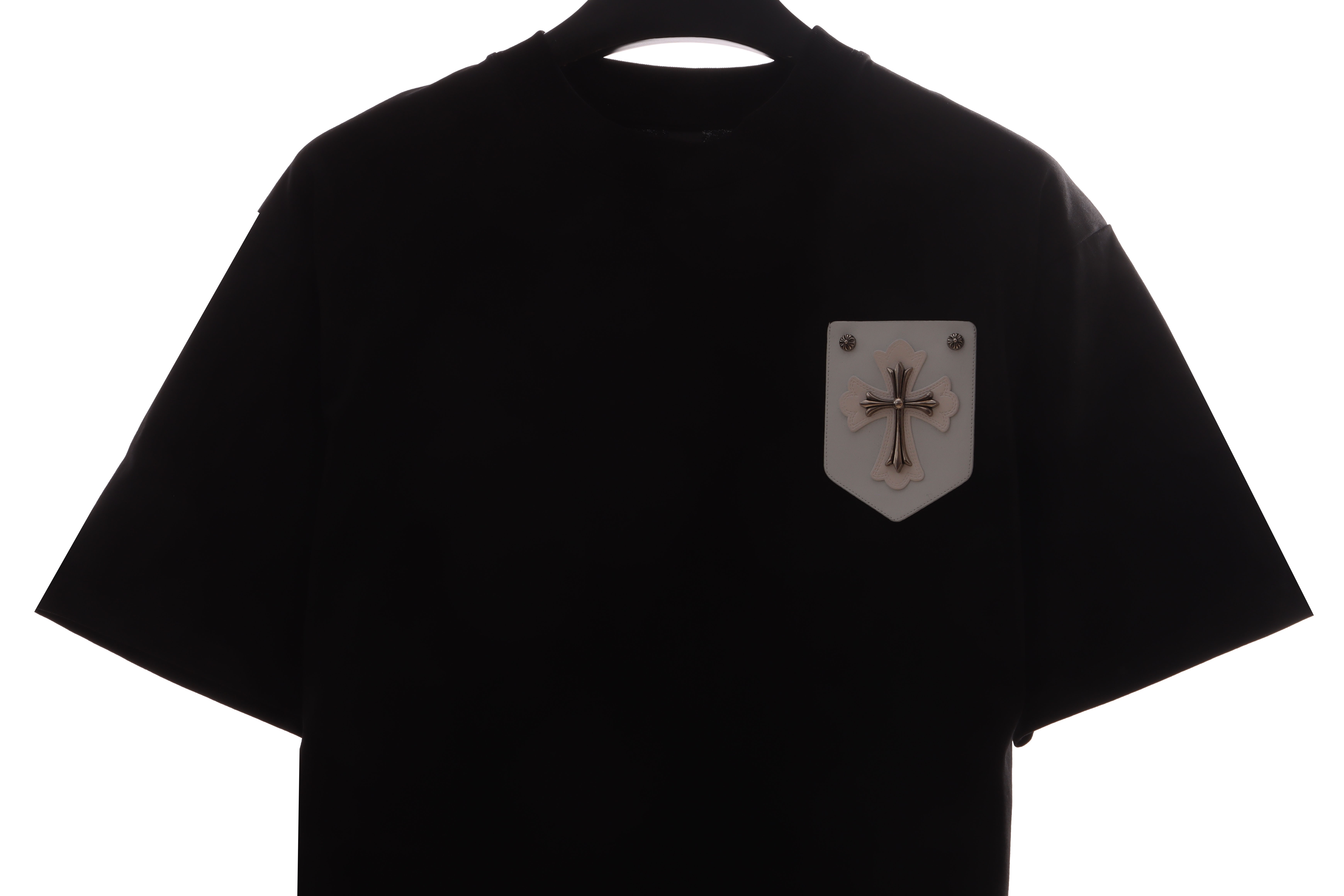 Chrome Hearts Chest Leather Label Cross Silver Ornament T-shirt Black