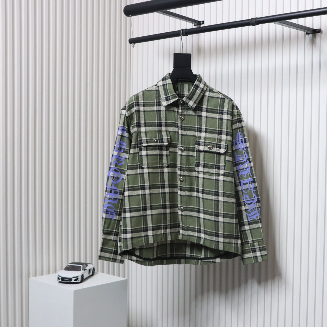 Chrome Hearts Green And White Striped Plaid Stitching Silver Button Cardigan Shirt