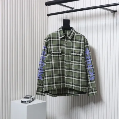 Chrome Hearts Green And White Striped Plaid Stitching Silver Button Cardigan Shirt 01