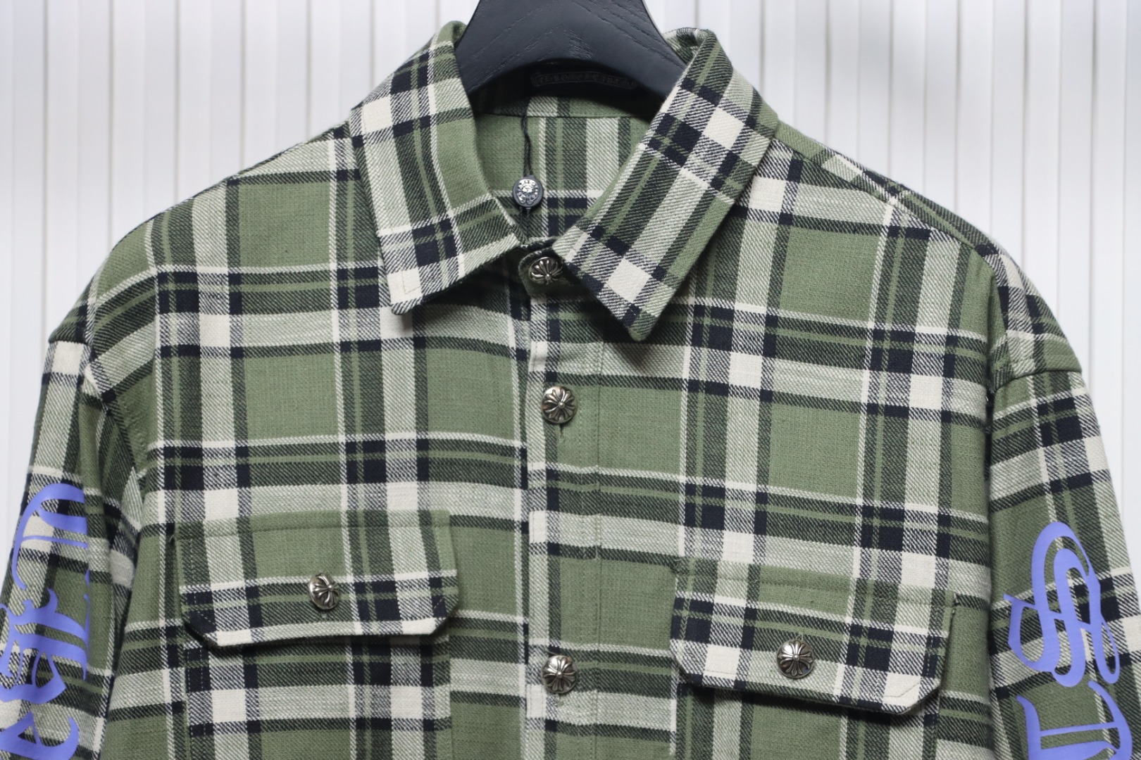 Chrome Hearts Green And White Striped Plaid Stitching Silver Button Cardigan Shirt