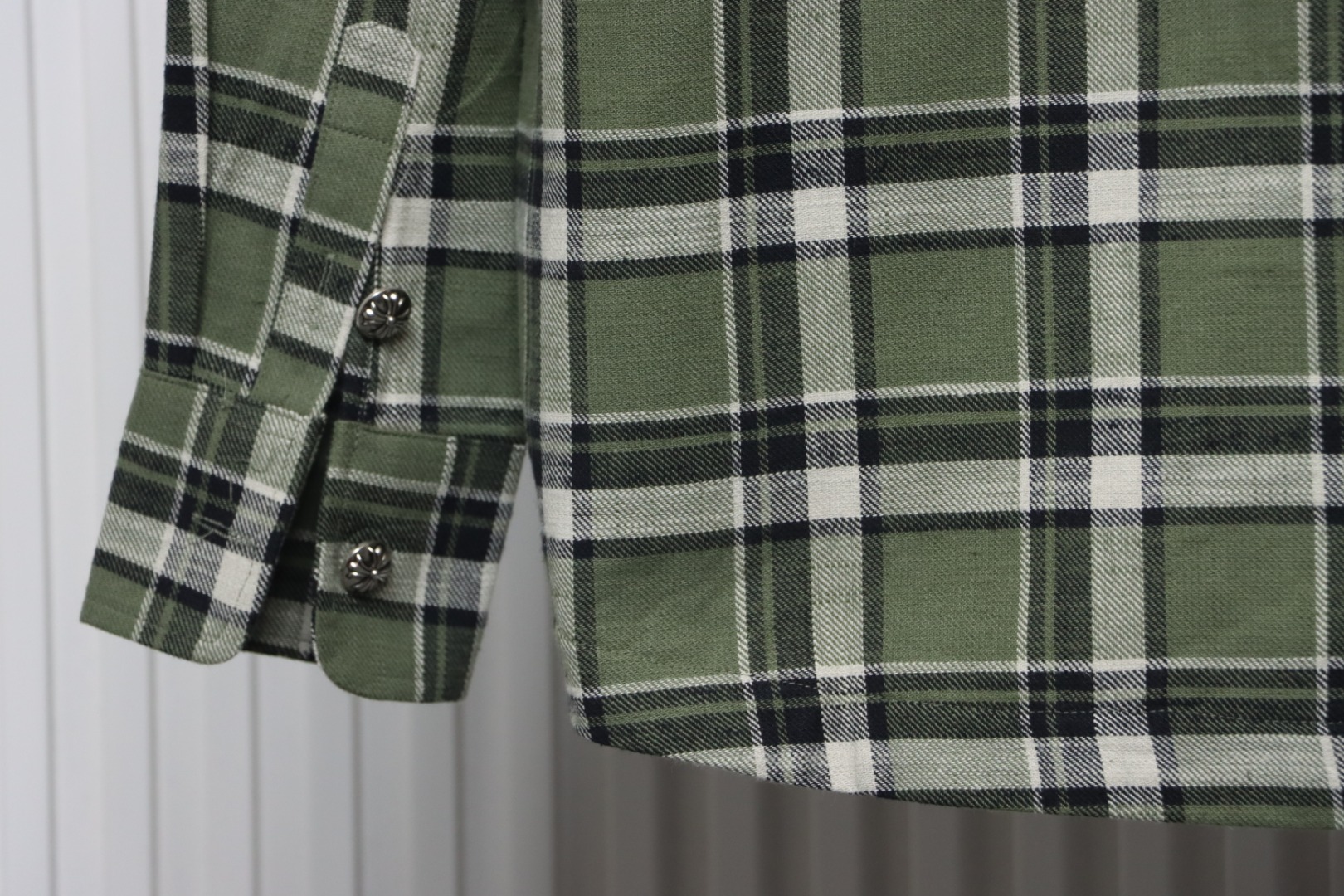 Chrome Hearts Green And White Striped Plaid Stitching Silver Button Cardigan Shirt