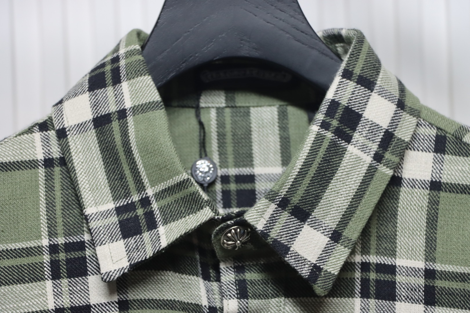 Chrome Hearts Green And White Striped Plaid Stitching Silver Button Cardigan Shirt
