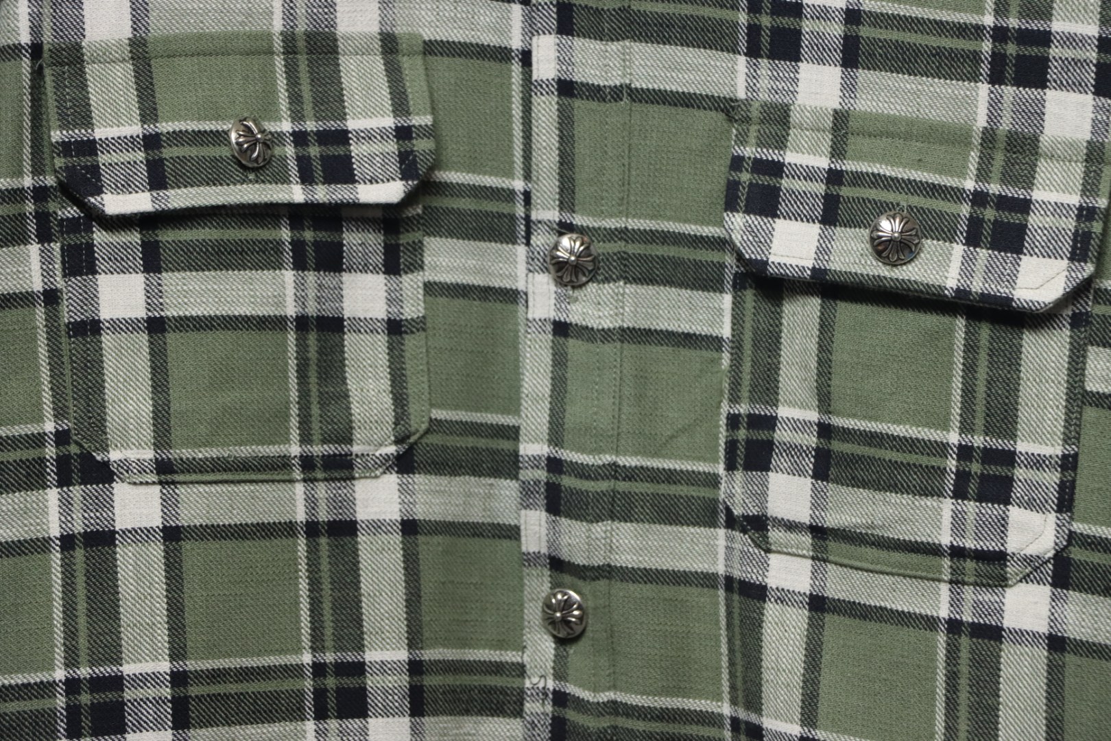 Chrome Hearts Green And White Striped Plaid Stitching Silver Button Cardigan Shirt