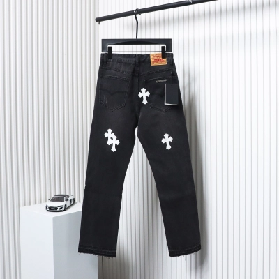 Chrome Hearts White Leather Cross Denim Pants Black 02