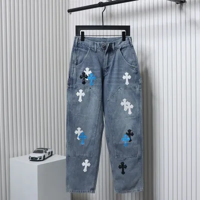 Chrome Hearts Multicolor Laser Cross Blue and White Leather Jeans 01