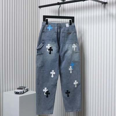 Chrome Hearts Multicolor Laser Cross Blue and White Leather Jeans 02