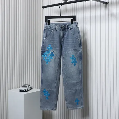 Chrome Hearts Multicolor Laser Cross Blue Leather Jeans 01