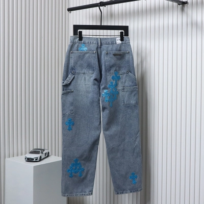 Chrome Hearts Multicolor Laser Cross Blue Leather Jeans 02