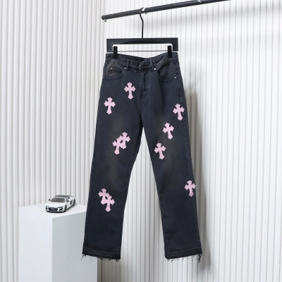 Chrome Hearts Pink Leather Cross Denim Pants Black 01