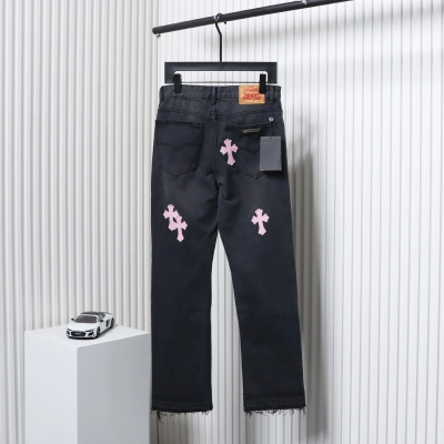 Chrome Hearts Pink Leather Cross Denim Pants Black 02