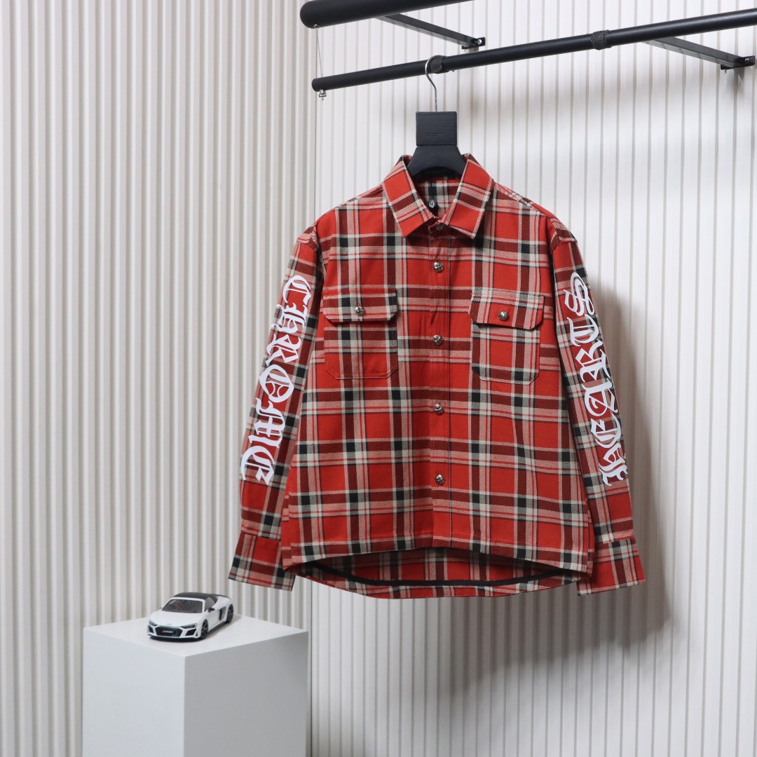 Chrome Hearts Red And White Striped Plaid Stitching Silver Button Cardigan Shirt