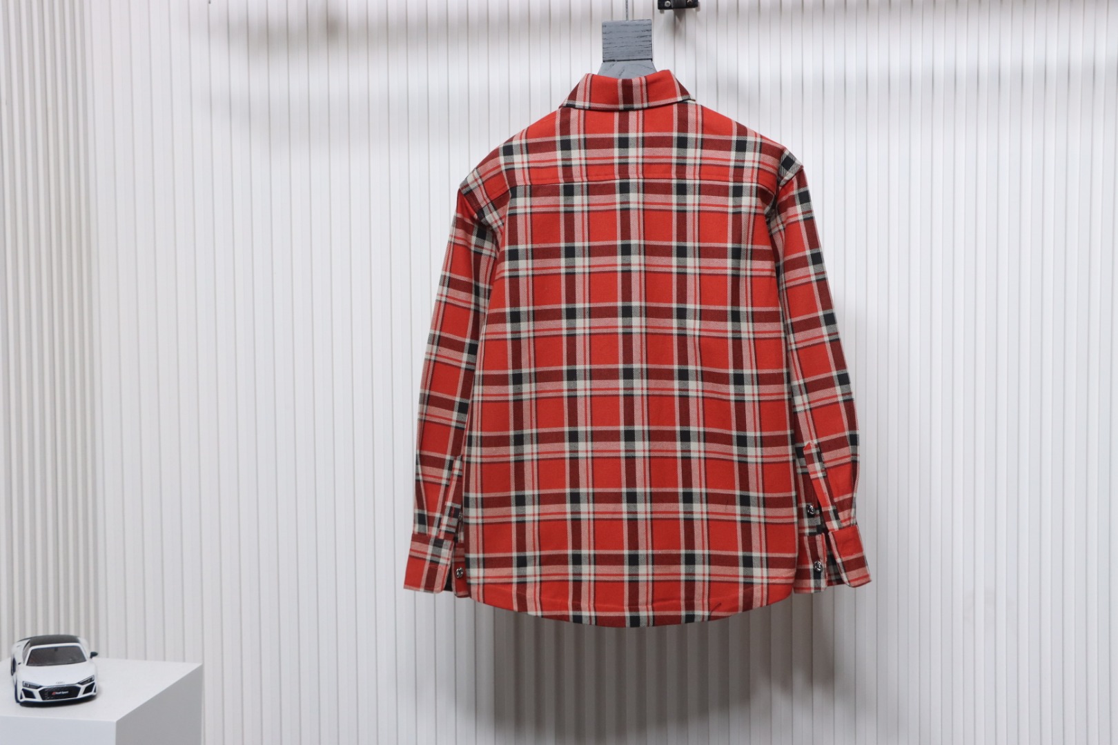 Chrome Hearts Red And White Striped Plaid Stitching Silver Button Cardigan Shirt