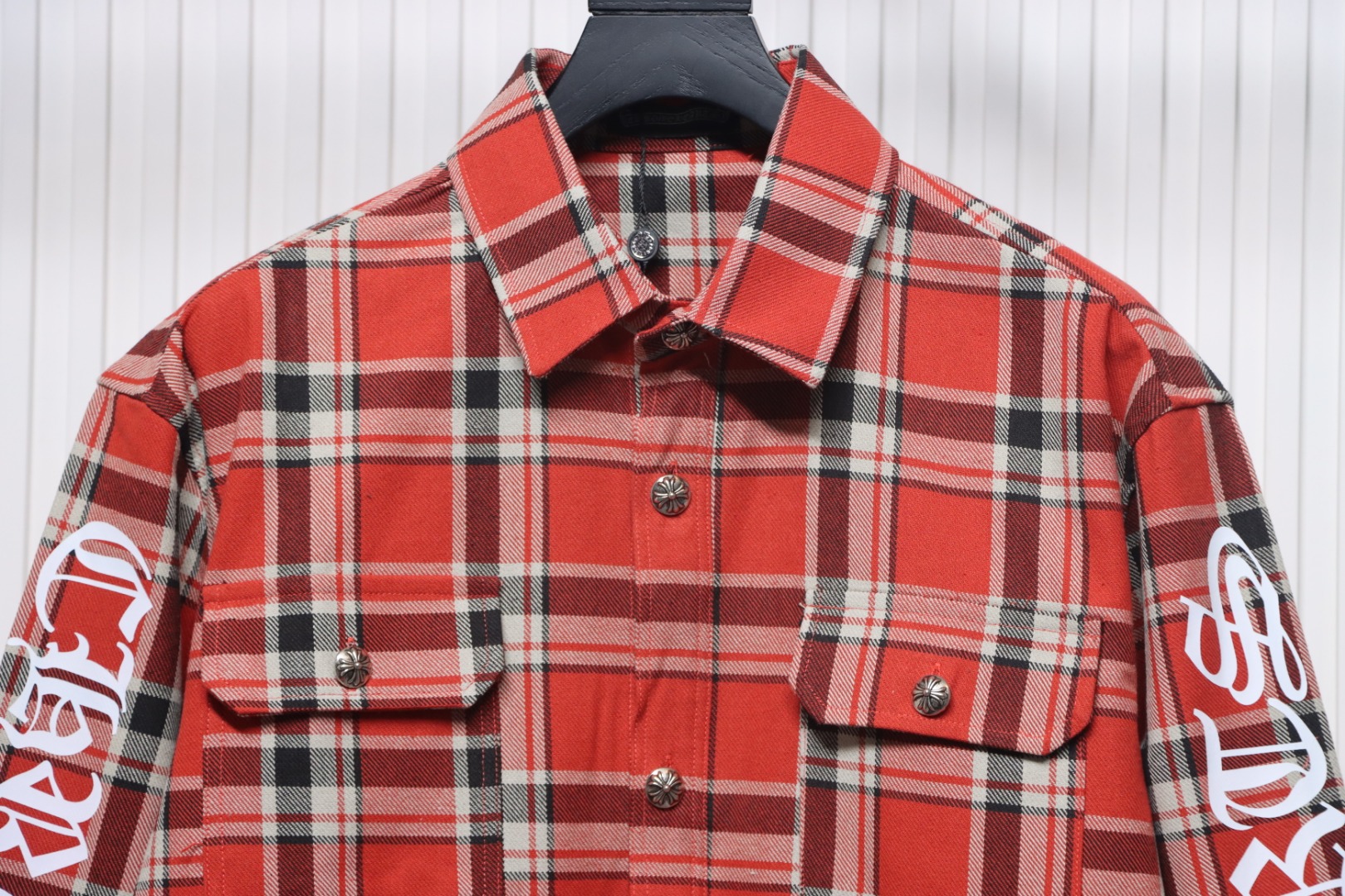 Chrome Hearts Red And White Striped Plaid Stitching Silver Button Cardigan Shirt