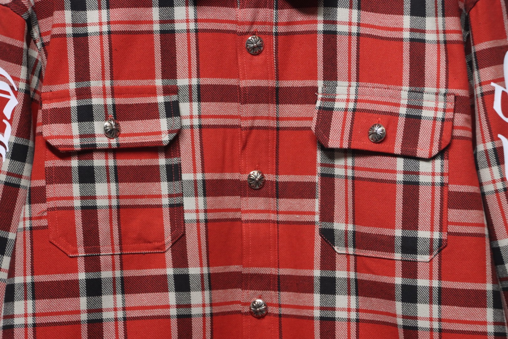 Chrome Hearts Red And White Striped Plaid Stitching Silver Button Cardigan Shirt