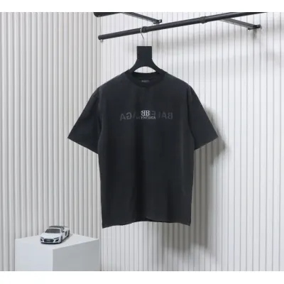 Balenciaga 25ss Reverse Letter Double B Print Washed Holes T-shirt Black 01