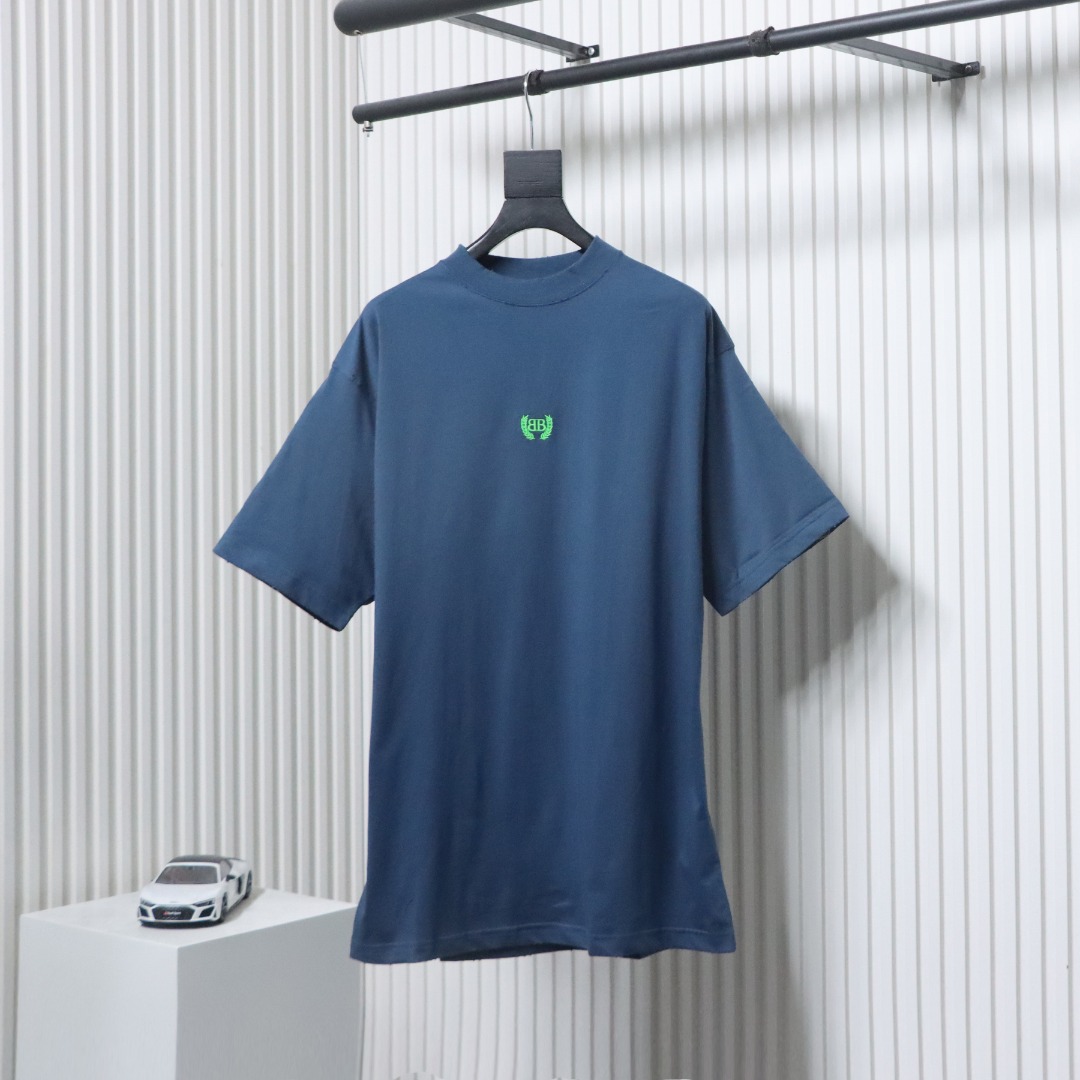 Balenciaga 25ss Wheat Ear Double B Embroidery Washed T-shirt Blue
