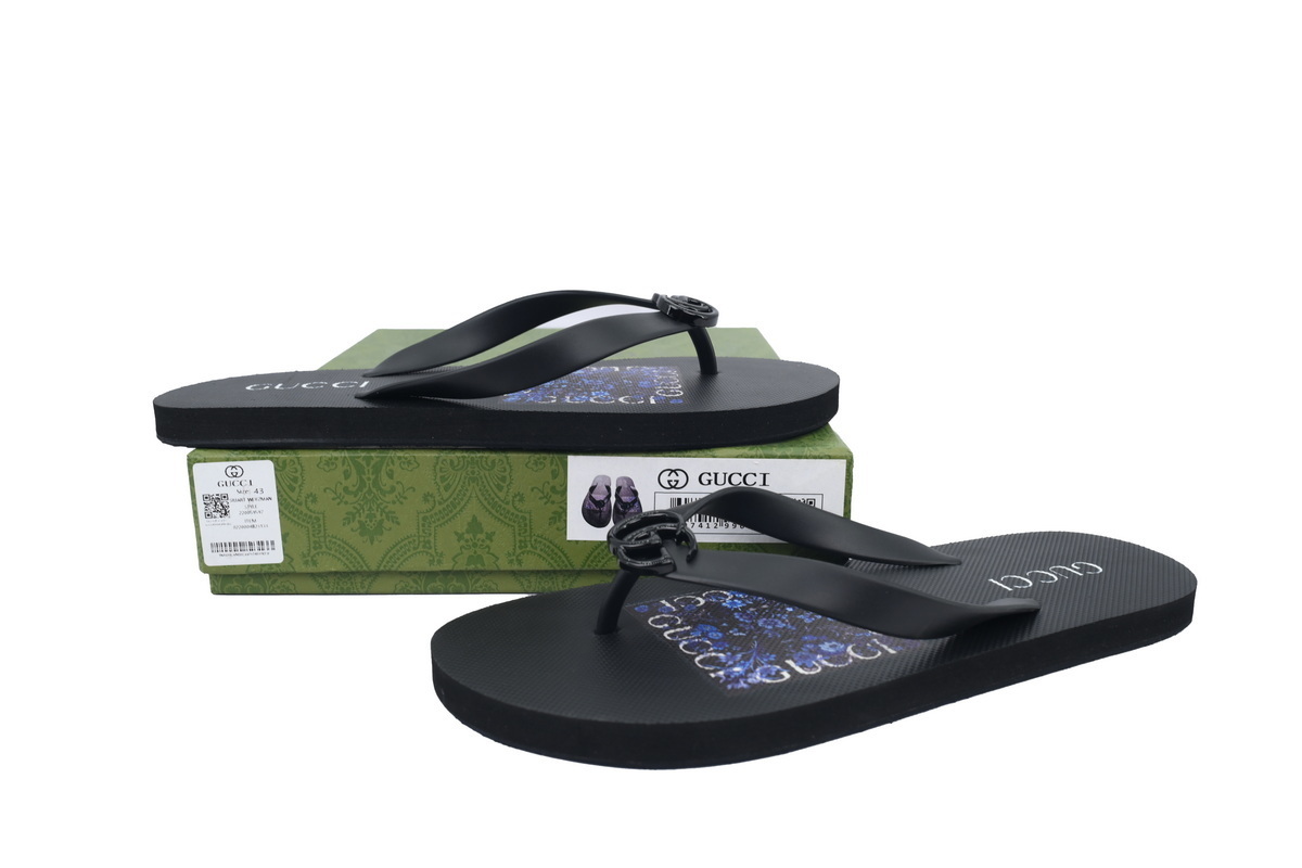 Gucci Flip Flops Blue Bottom Flower All Black