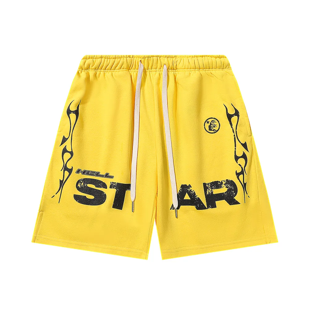 Hellstar Relaxed Elastic Waist Street Wear Cotton Terry Shorts #2509 Black/Yellow