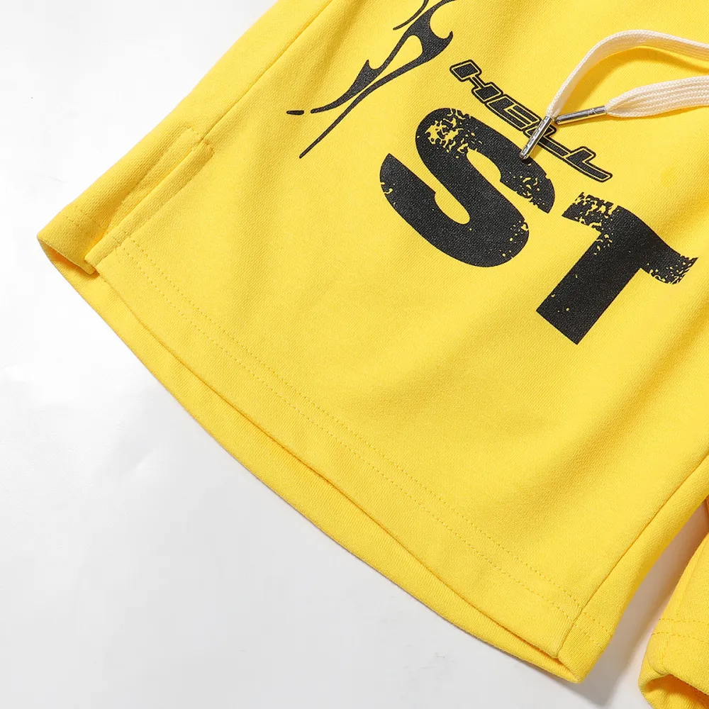 Hellstar Relaxed Elastic Waist Street Wear Cotton Terry Shorts #2509 Black/Yellow