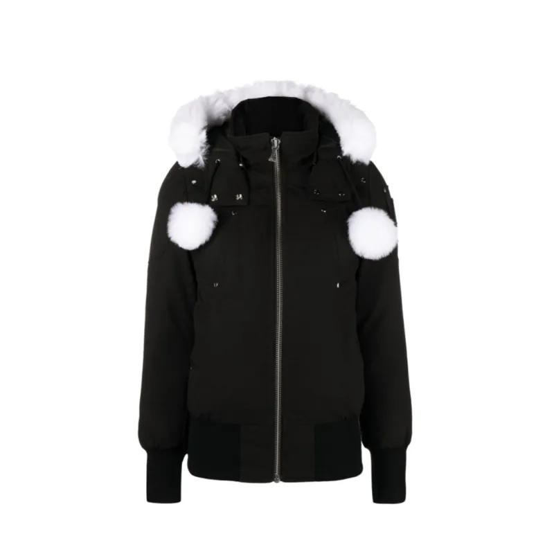 Moose Knuckles Feather Down Hooded Debbie Bomber Black Jacket White Wool Collar