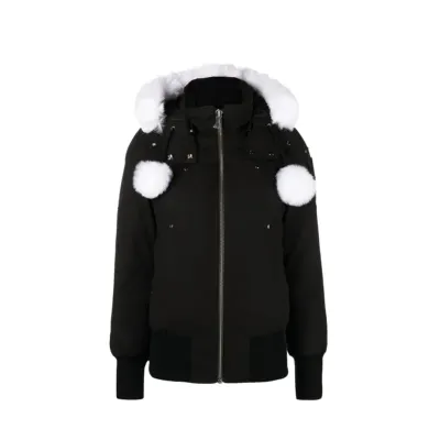 Moose Knuckles Feather Down Hooded Debbie Bomber Black Jacket White Wool Collar 01
