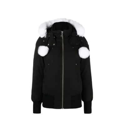 Moose Knuckles Feather Down Hooded Debbie Bomber Black Jacket White Wool Collar 01