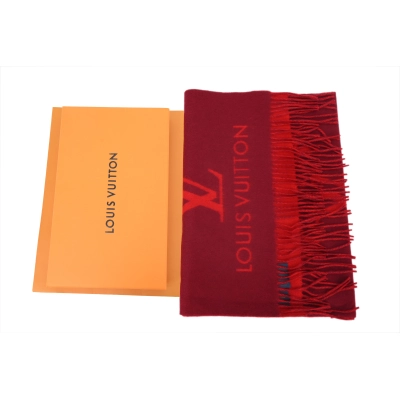 Louis Vuitton Double-Sided Monogram Faux Fur Fringe Scarf with Large Red Print 02