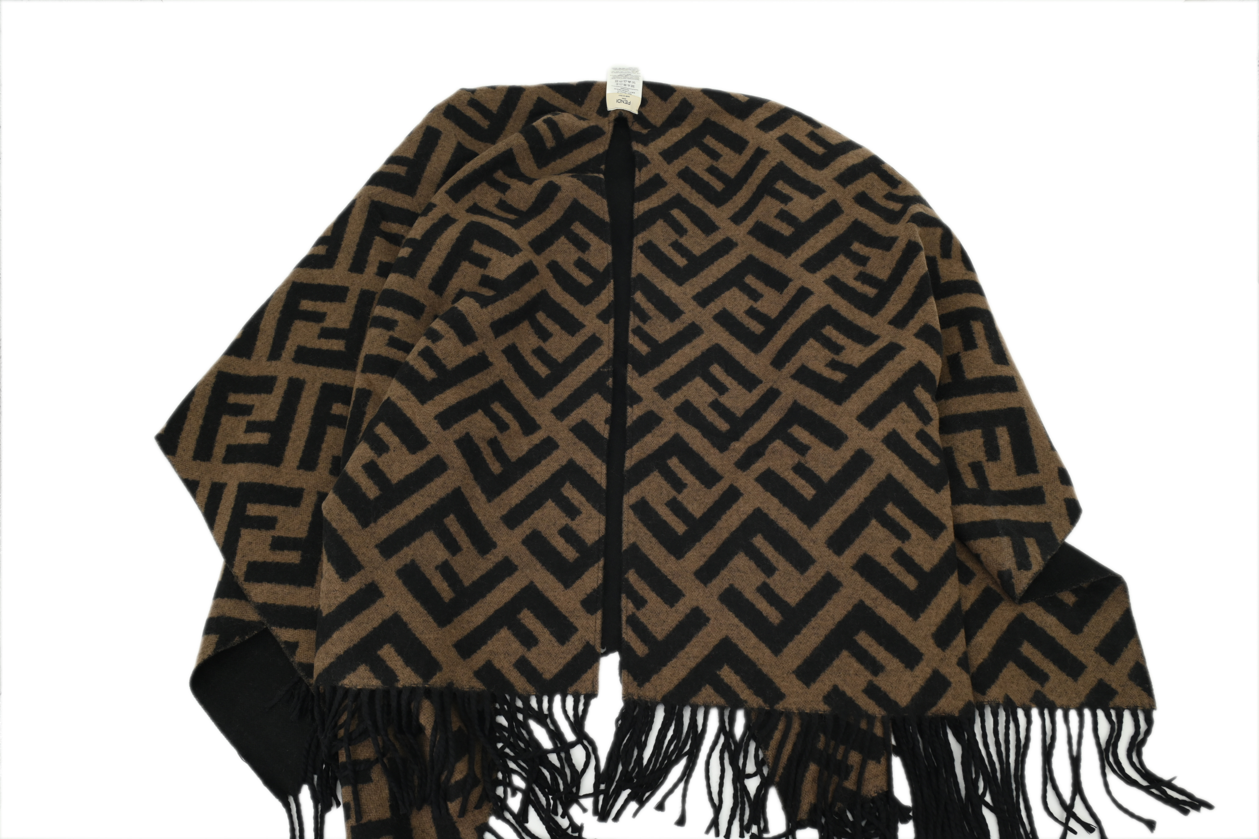FENDI FF Classic Pattern Suede Fringed Scarf Shawl Light Brown 
