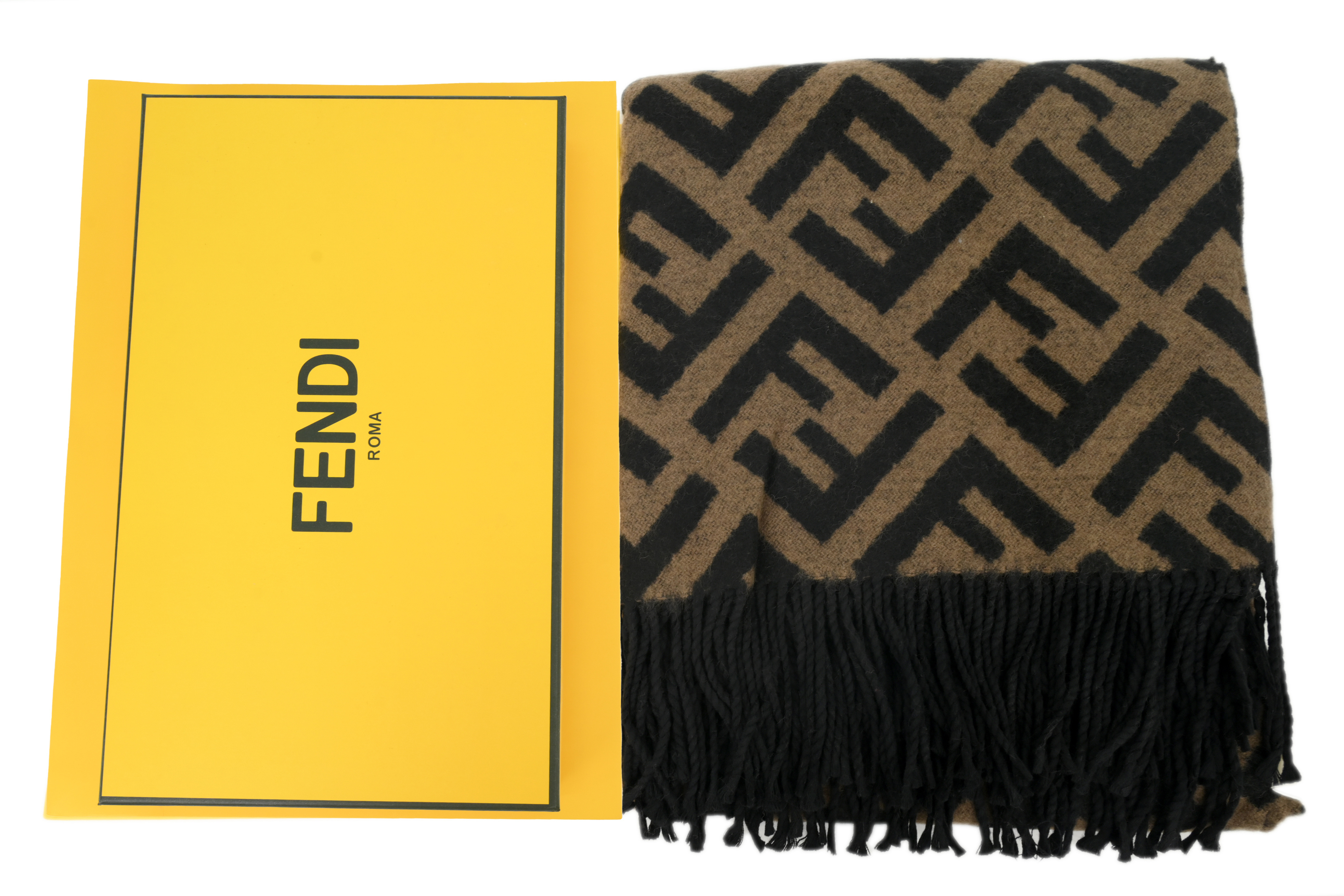 FENDI FF Classic Pattern Suede Fringed Scarf Shawl Light Brown 