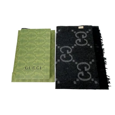 GUCCI Double G Suede Jacquard Fleece Fringe Scarf Big G Black  02