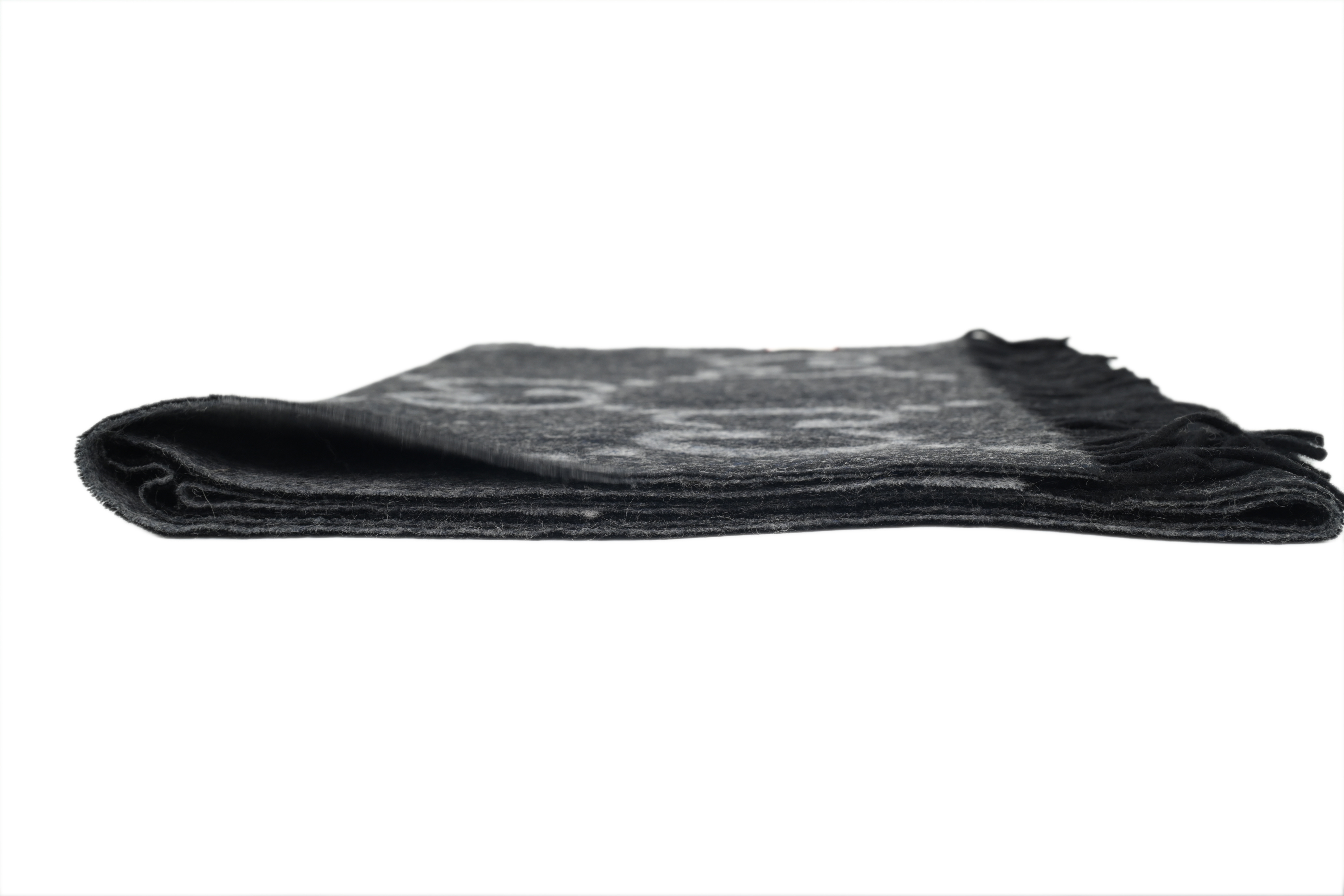 GUCCI Double G Suede Jacquard Fleece Fringe Scarf Big G Black 