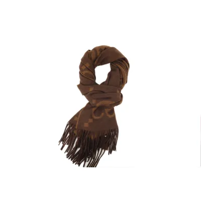 GUCCI Double G Suede Jacquard Fleece Fringe Scarf Big G Brown  01
