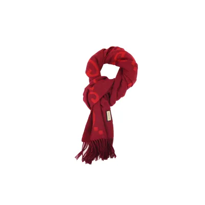 GUCCI Double G Suede Jacquard Fleece Fringe Scarf Big G Red  01