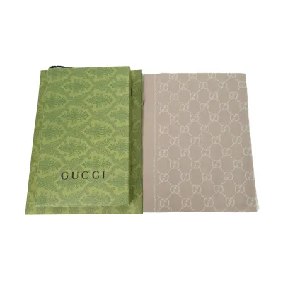 GUCCI Double G Suede Jacquard Fleece Fringe Scarf Full Printed Khaki 02