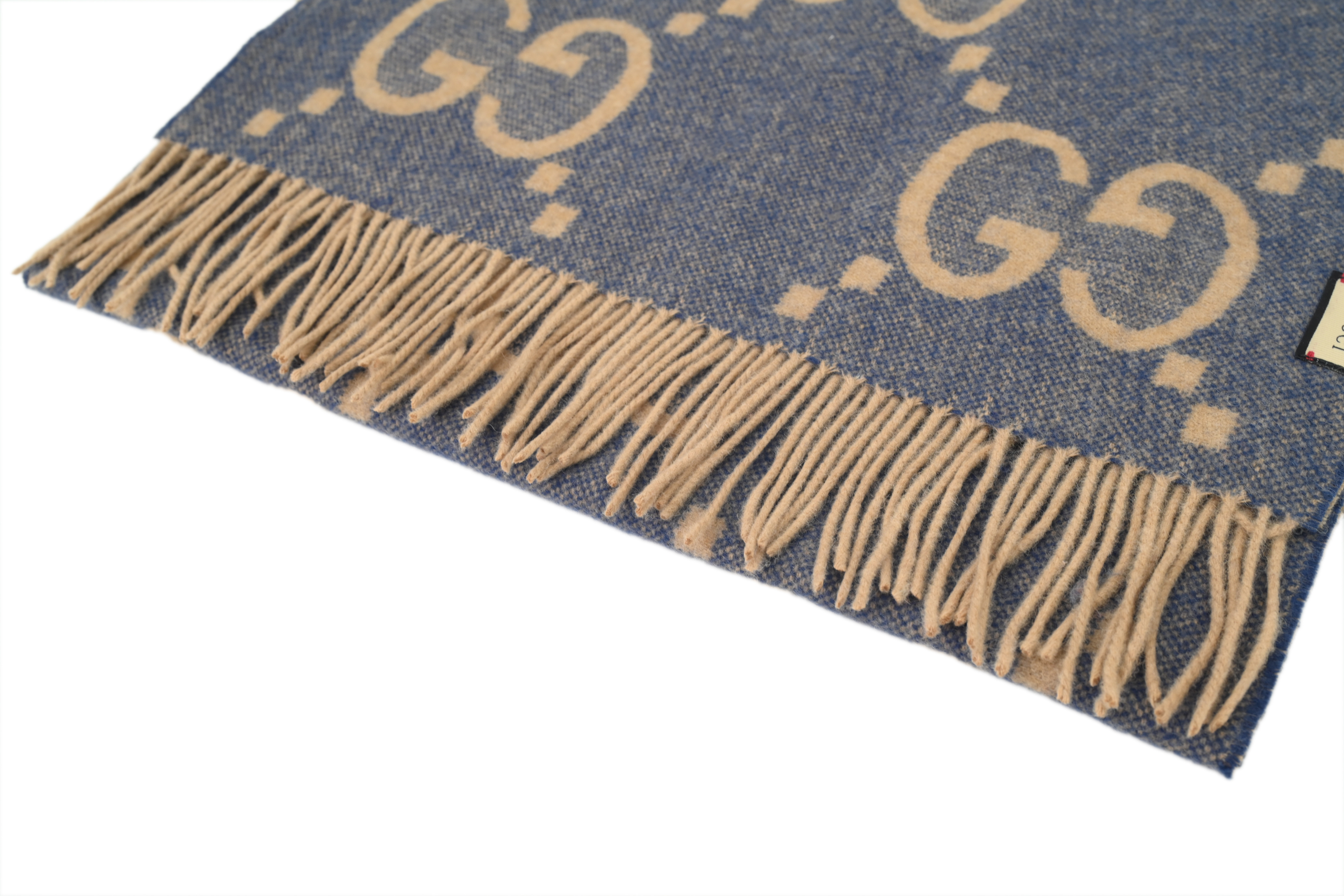 Gucci Double G Velvet Embroidered Tassle Scarf Large G Brown Blue