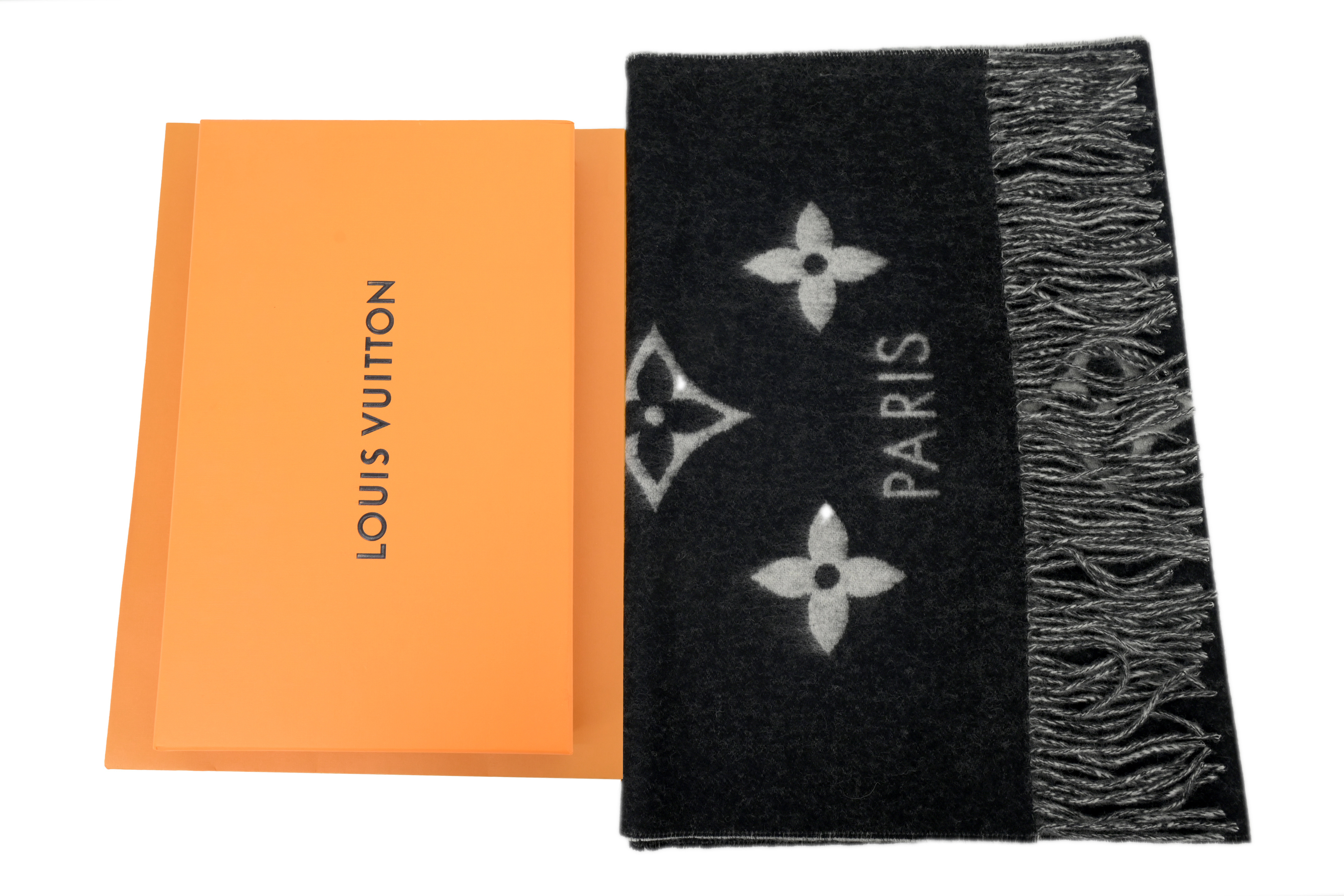Louis Vuitton Double-Sided Monogram Faux Fur Fringe Scarf with Large Black Print