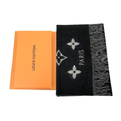 Louis Vuitton Double-Sided Monogram Faux Fur Fringe Scarf with Large Black Print 02