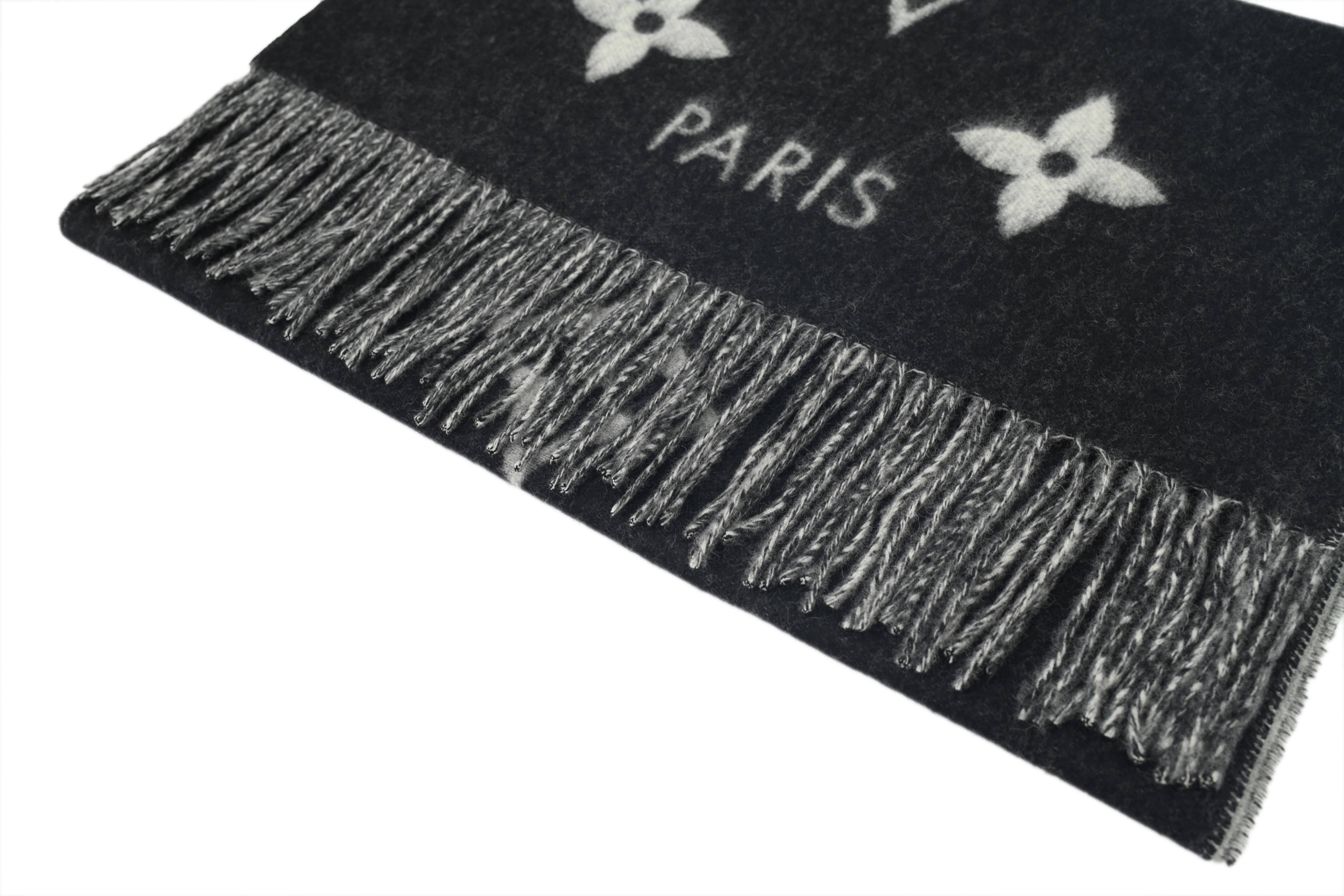Louis Vuitton Double-Sided Monogram Faux Fur Fringe Scarf with Large Black Print
