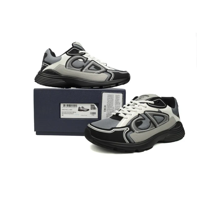 Dior B30 Lace-Up Sneakers Black Grey Silver Mesh 3SN279ZRA_H868