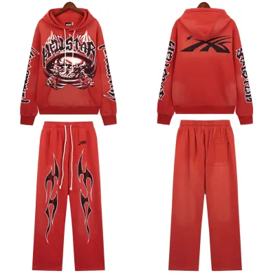 Hellstar Halloween Skeleton Airbrushed Hoodie & Sweatpants Set #5665-8199 Red 01
