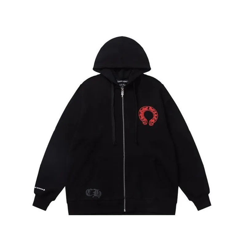 Chrome Hearts Red Horseshoe Logo Zip Up Hoodie Black