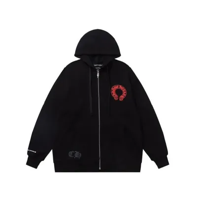 Chrome Hearts Red Horseshoe Logo Zip Up Hoodie Black 01