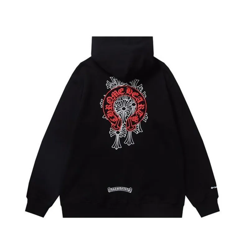 Chrome Hearts Red Horseshoe Logo Zip Up Hoodie Black