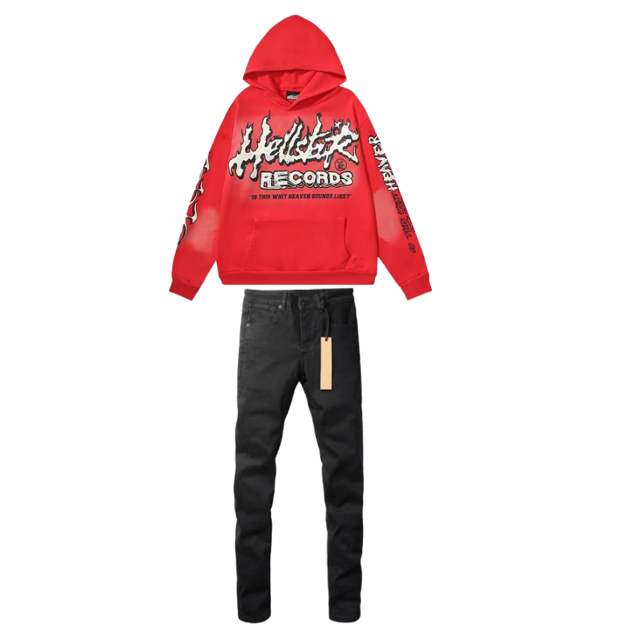 Hellstar Hell Red Flare star Retro washed distressed Print Hoodie Red + KSUBI Jeans-3004