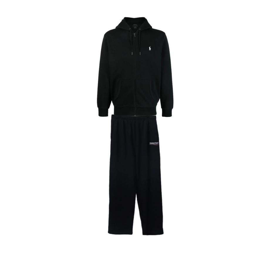 Polo Ralph Lauren Men's Double Knit Full-Zip Hoodie Sweatshirt Black + Balenciaga Fleece Sweatpants