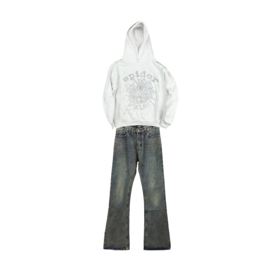 Sp5der OG Rhinestone Hoodie White + Balenciaga LOOK BOOK Blue Washed Orange Flared Jeans