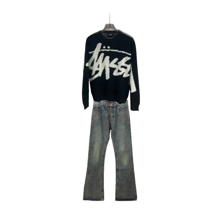 Stussy Sweater XB411#p111 + Balenciaga LOOK BOOK Blue Washed Orange Flared Jeans