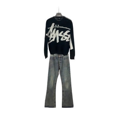 Stussy Sweater XB411#p111 + Balenciaga LOOK BOOK Blue Washed Orange Flared Jeans 01