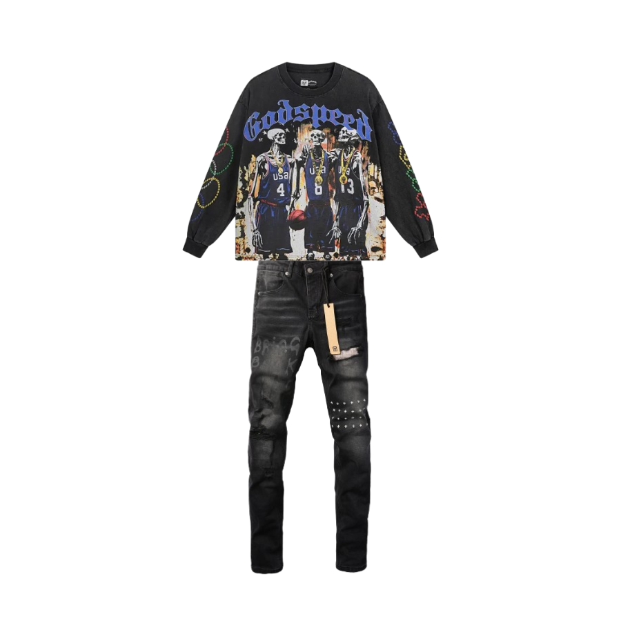 Godspeed Dream Team Long Sleeve T-shirt #1106 Black Wash + KSUBI Jeans- 3015