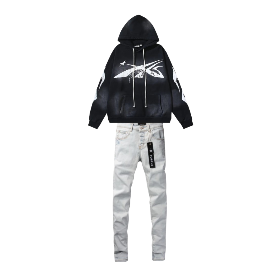 Hellstar Spiderweb Sport Black Hoodie #2039 + Purple Brand Fashion Men Jeans 10